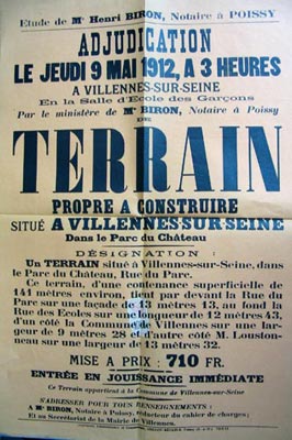 Affiche de vente d'un terrain voisin du lavoir