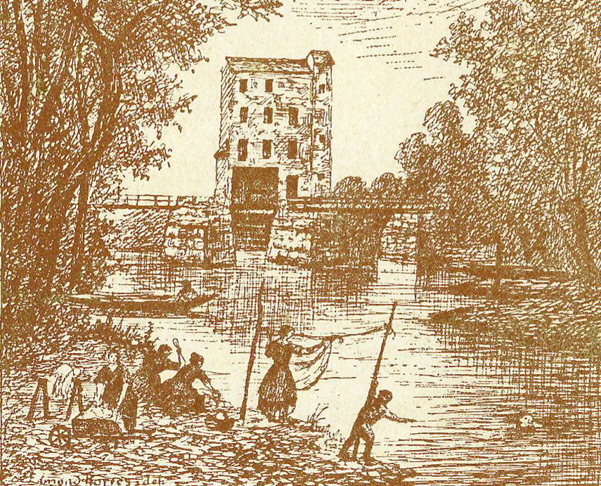Gravure du moulin sur le pont par Edmond Bories, 1867.