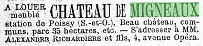 Annonce dans Le Figaro pour la location du château de Migneaux