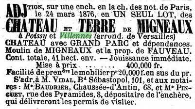 Annonce de vente du château de Migneaux dans Le Figaro