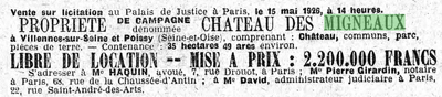 Article du Gaulois sur la vente du château de Migneaux