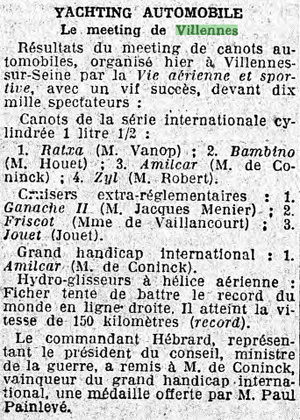 Article du Matin du 19/10/1925 sur le yachting.