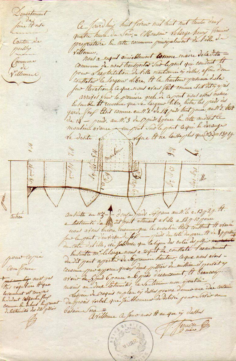 Croquis du pont et du moulin avec mesures, 1832.