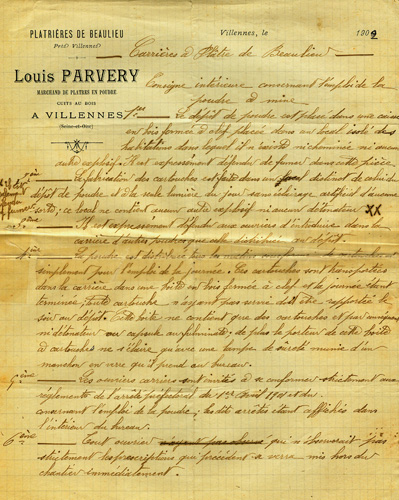 Consignes de sécurité de Louis Parvery pour l'emploi de la poudre, 1902.