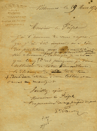 Lettre d'Eugène Parvery au préfet en 1872.