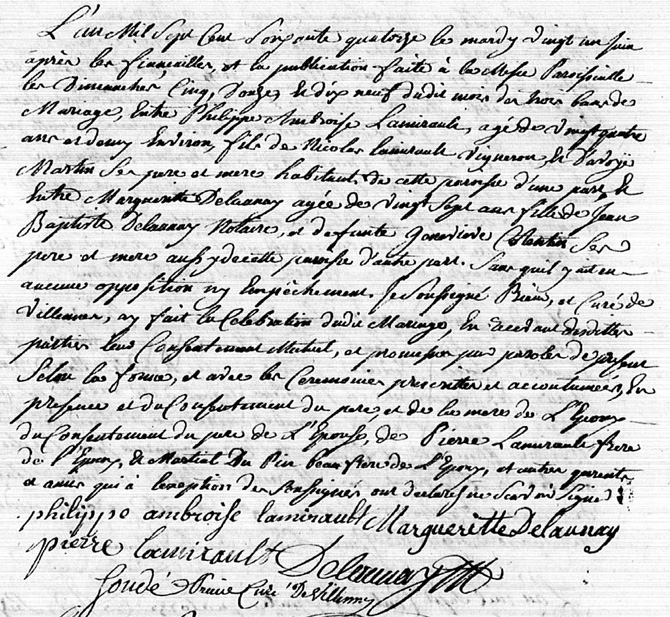 Acte de mariage Lamirault-Delaunay de 1774