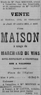 Annonce de vente du Berceau en 1905