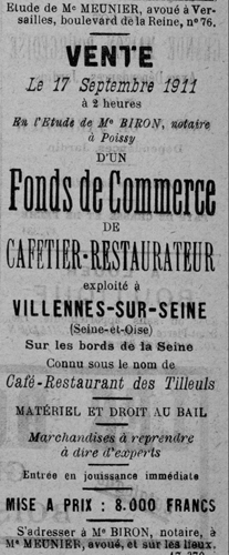 Annonce de la vente des Tilleuls en 1911.