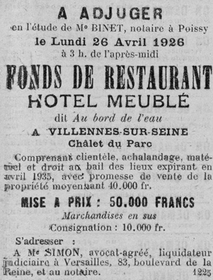 Annonce de la vente du Chalet du Parc en 1926.
