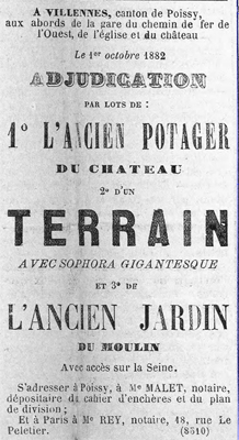 Annonce de vente du potager du château en 1882