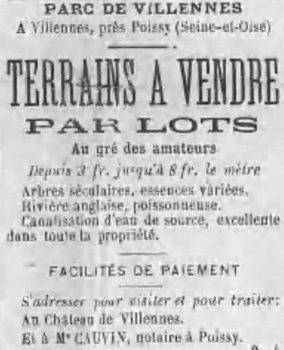 Annonce de vente des terrains du parc en 1893