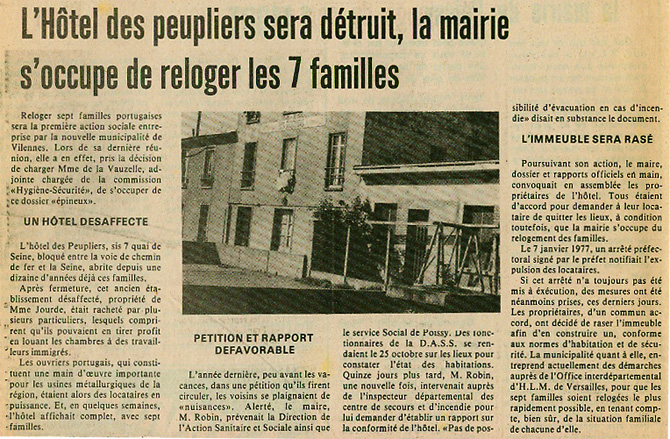 Article sur la démolition du restaurant Les Peupliers en 1977.