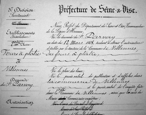 Autorisation pour l'établissement de fours à plâtre délivrée à M. Parvery en 1868.