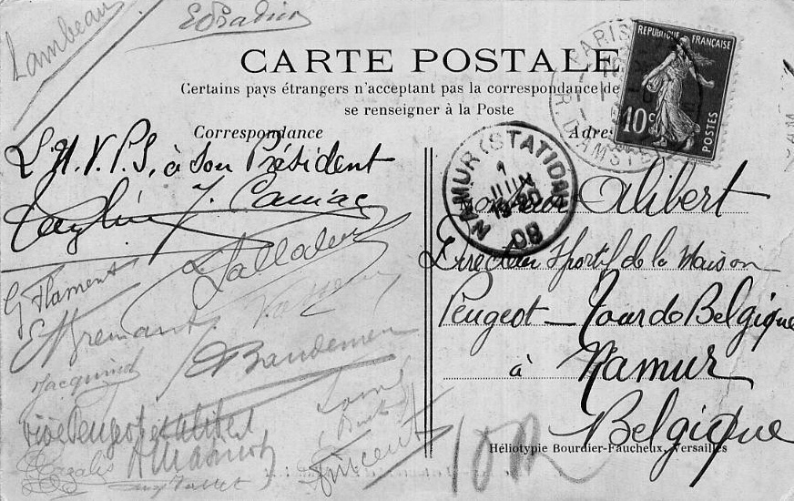 Carte postale de Louis Jallabert et ses amis cyclistes
