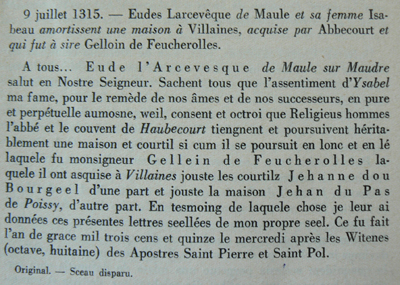 Charte de l'abbaye d'Abbecourt de 1315 mentionnant Eudes Larchevesque.
