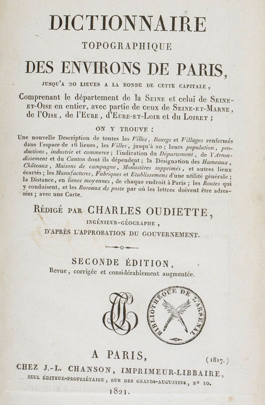Couverture du Dictionnaire topographique des environs de Paris par Charles Oudiette.