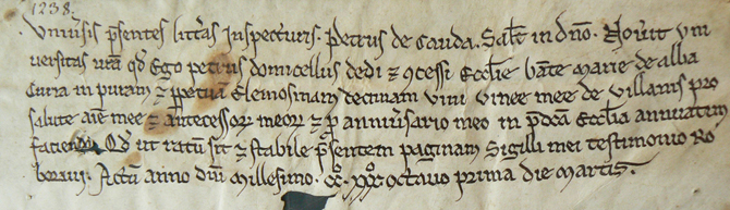 Document de donation de Pierre de la Queue datant de 1238.