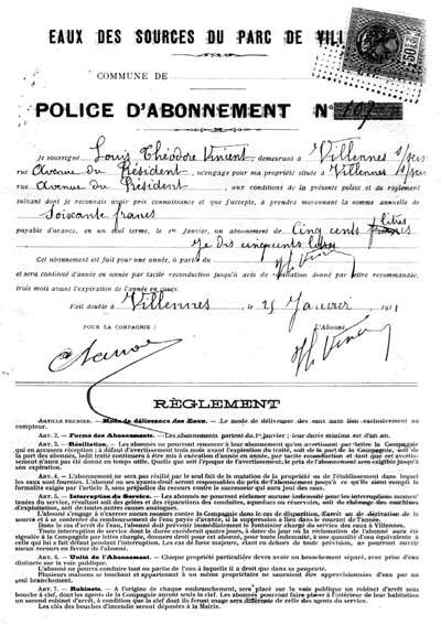 Police d'abonnement au service des eaux, 1911