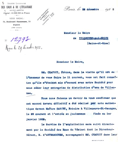 Lettre de la SLEE concernant le rachat de l'entreprise Chanoit