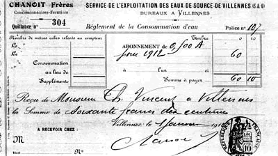 Quittance du service des eaux, 1912