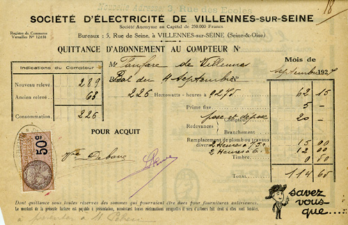 Facture d'électricité de la fanfare en 1927