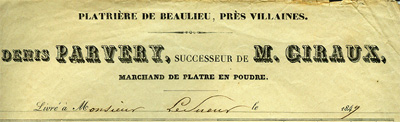 En-tête de facture de Denis Parvery, 1849.