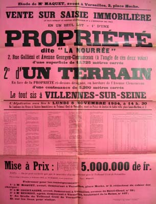 Affiche de vente de la propriété de la Nourrée.