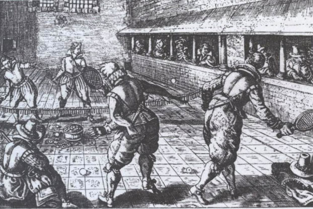 Gravure ancienne d'une partie de jeu de paume.