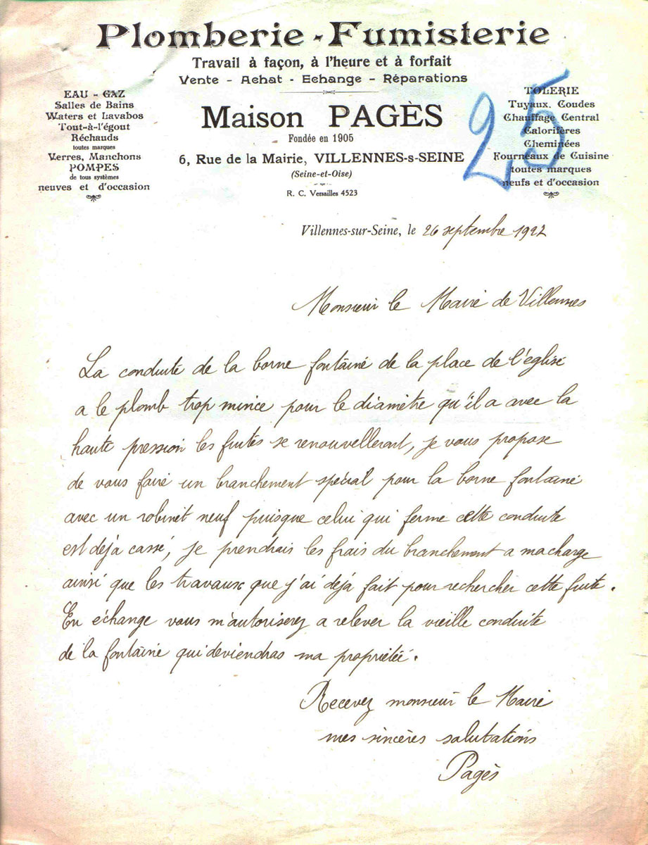 Lettre du plombier en 1922 concernant la borne-fontaine