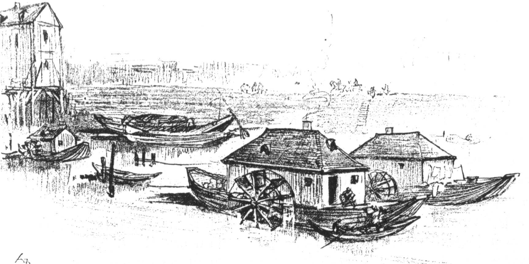 Illustration d'un moulin-bateau monocoque.