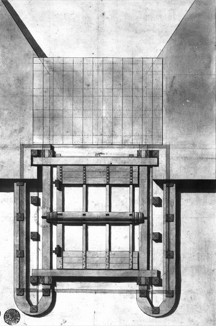 Plan du moulin sur le pont en 1811, la chambre de la roue.