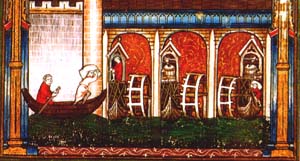 Enluminure de 1317 montrant trois moulins-bateaux à Paris.
