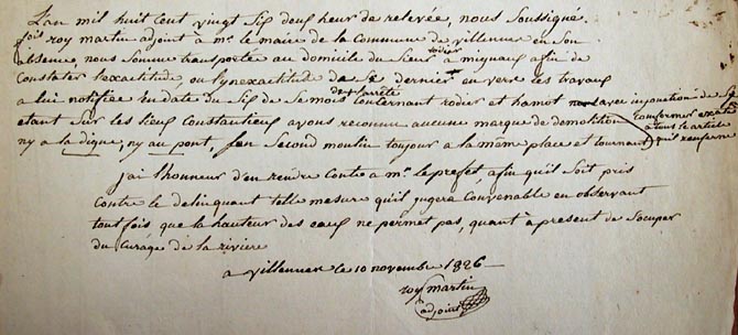 Constat du litige concernant les moulins en 1826.