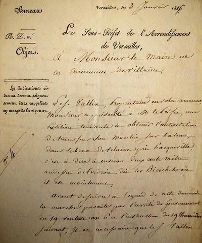Courrier du sous-préfet concernant le déplacement du moulin Vallin.