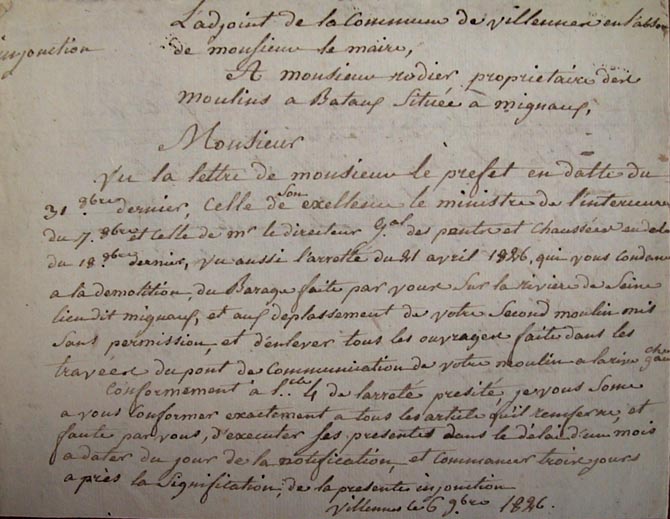 Injonction de démolition adressée à M. Rodier en 1826.