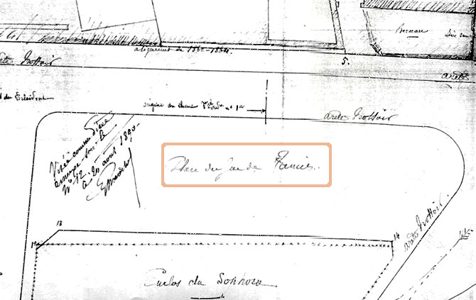 Plan de 1890 montrant la 'Place du jeu de tamis' à Villennes.