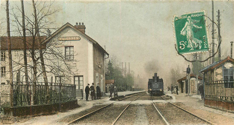 La première gare de Villennes avec une locomotive à vapeur.