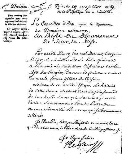 Document de radiation de la liste des émigrés pour la famille de Voisins.