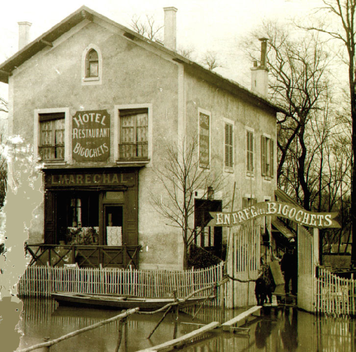 Le restaurant des Bigochets pendant la crue de 1910.