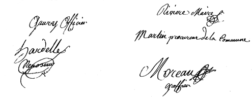 Signatures de Rivière, Gaury, Hardelle, Martin et Moreau