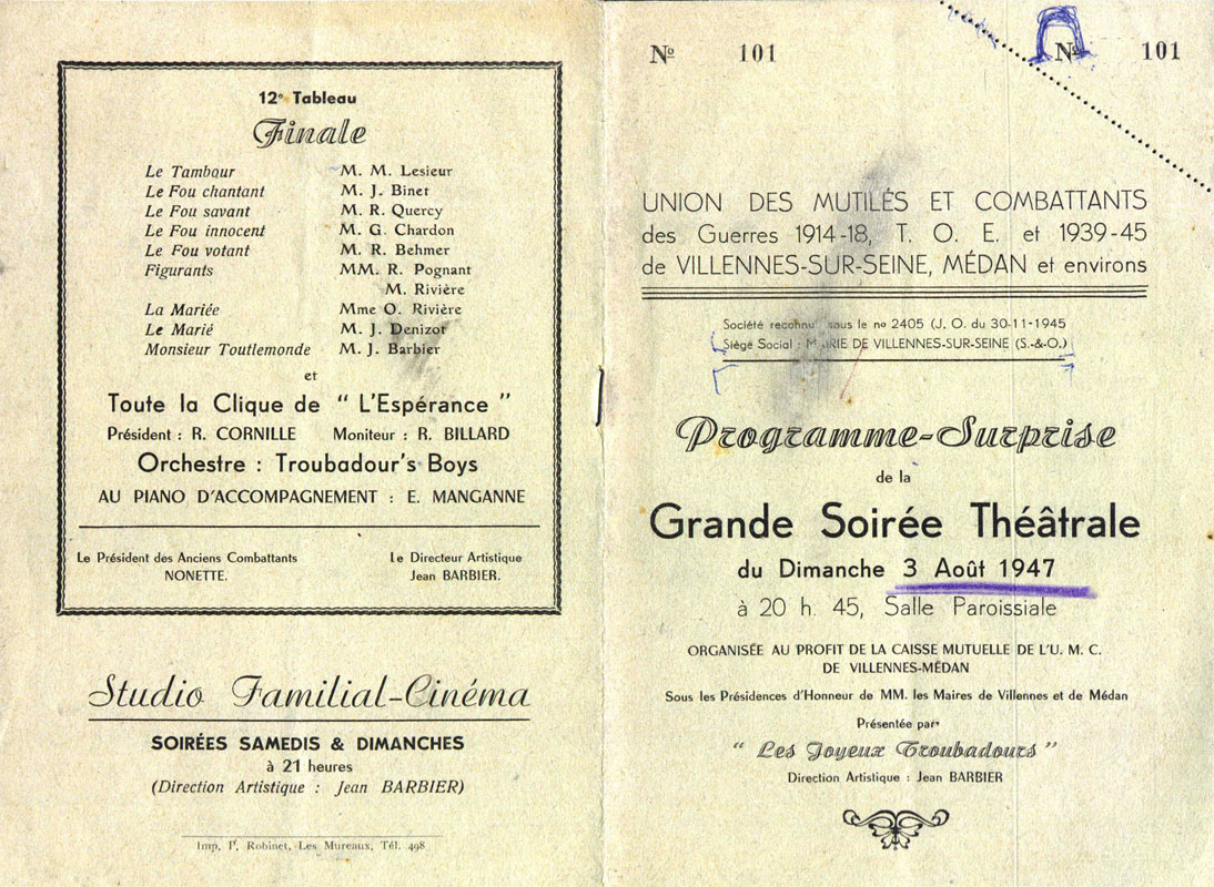 Programme de la soirée du 3 août 1947 des Joyeux Troubadours.