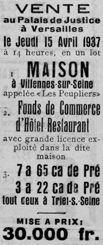 Annonce de vente du restaurant Les Peupliers en 1937.