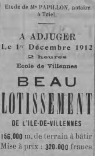 Annonce de vente de l'île en 1912.