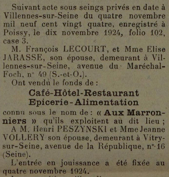 Annonce de vente du restaurant des Marronniers, 1924