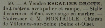 Annonce de vente d'une stalle d'écurie du château en 1924